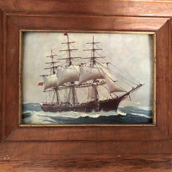 4 Vintage lithography prints lake boats ships vintage wood frame wall decors - Picture 5 of 8